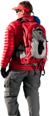 White male hiker in red jacked and backpack