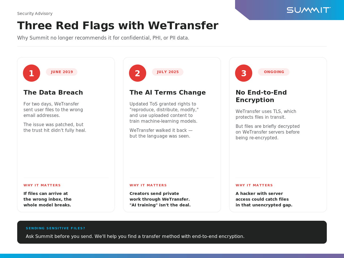 An infographic showing three red flags with WeTransfer: the June 2019 data breach that misrouted user files, the July 2025 terms-of-service change allowing content to be used for AI training, and the ongoing lack of end-to-end encryption.