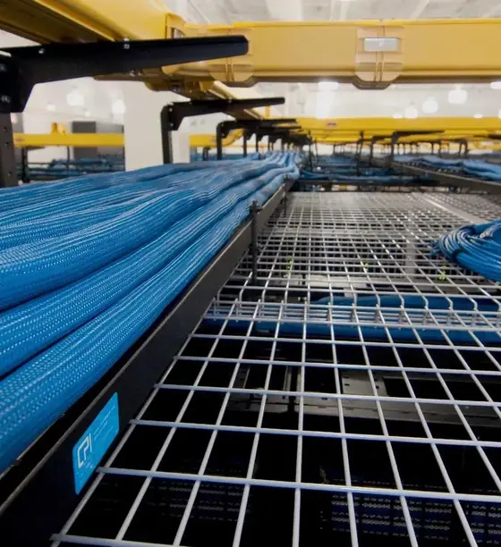 Blue network cabling in overhead trays above a Summit data center floor